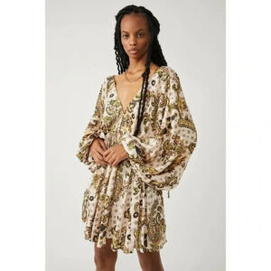 New Free People Arzel Long-Sleeve Mini Dress Cream Floral XS